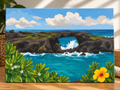 Laie Point Paint By Numbers Kit by HI KOKO FARMS – finished painting of the Lāʻie Point sea arch with crashing waves and a yellow hibiscus