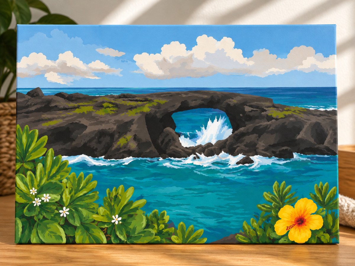 Laie Point Paint By Numbers Kit by HI KOKO FARMS – finished painting of the Lāʻie Point sea arch with crashing waves and a yellow hibiscus