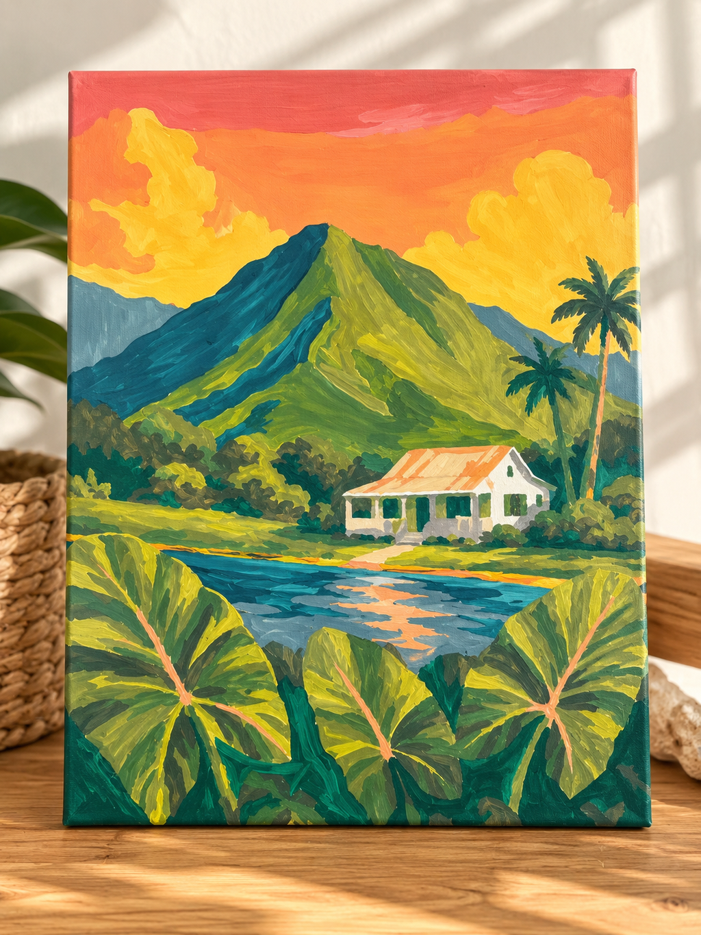 Country Home Paint By Numbers Kit by HI KOKO FARMS – finished painting of a white plantation house under a green mountain at sunset