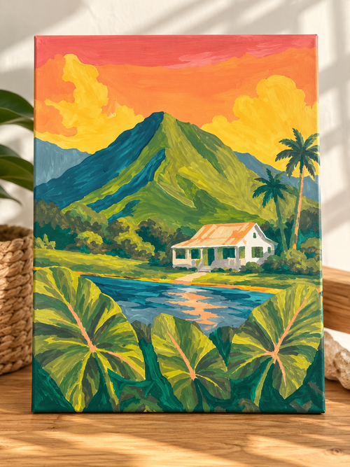 Country Home Paint By Numbers Kit by HI KOKO FARMS – finished painting of a white plantation house under a green mountain at sunset