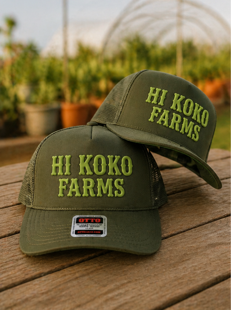 HI KOKO FARMS Trucker Hat in green with raised puff logo