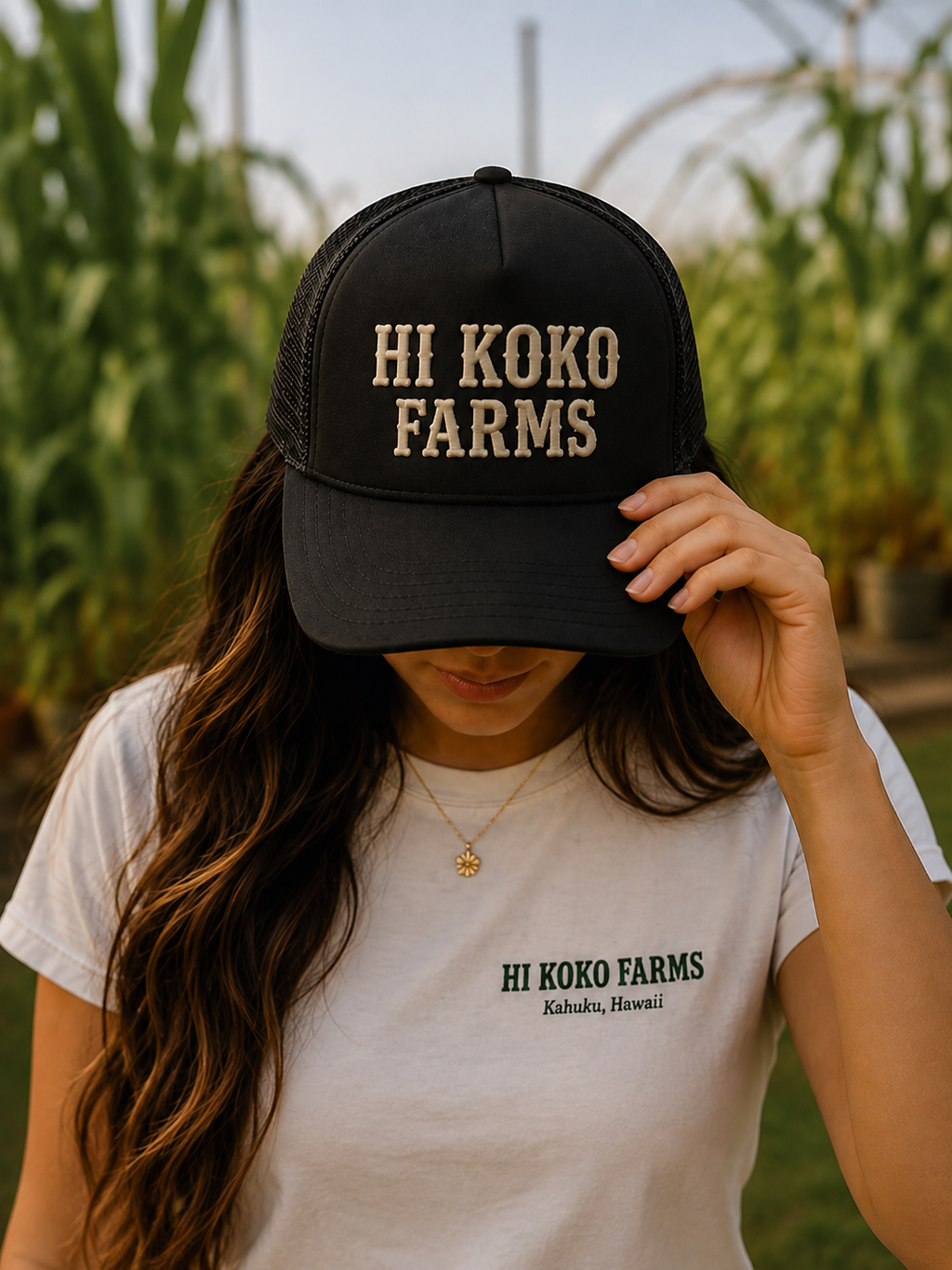 HI KOKO FARMS black Trucker Hat worn on the farm